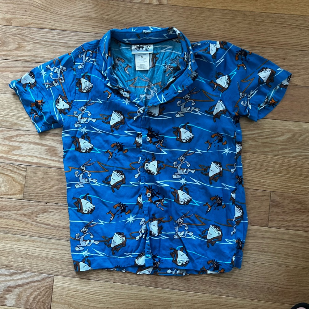 Looney Tunes Uni Printed Short Sleeve Collared Blue Button Up Sz 12 Bugs Bunny